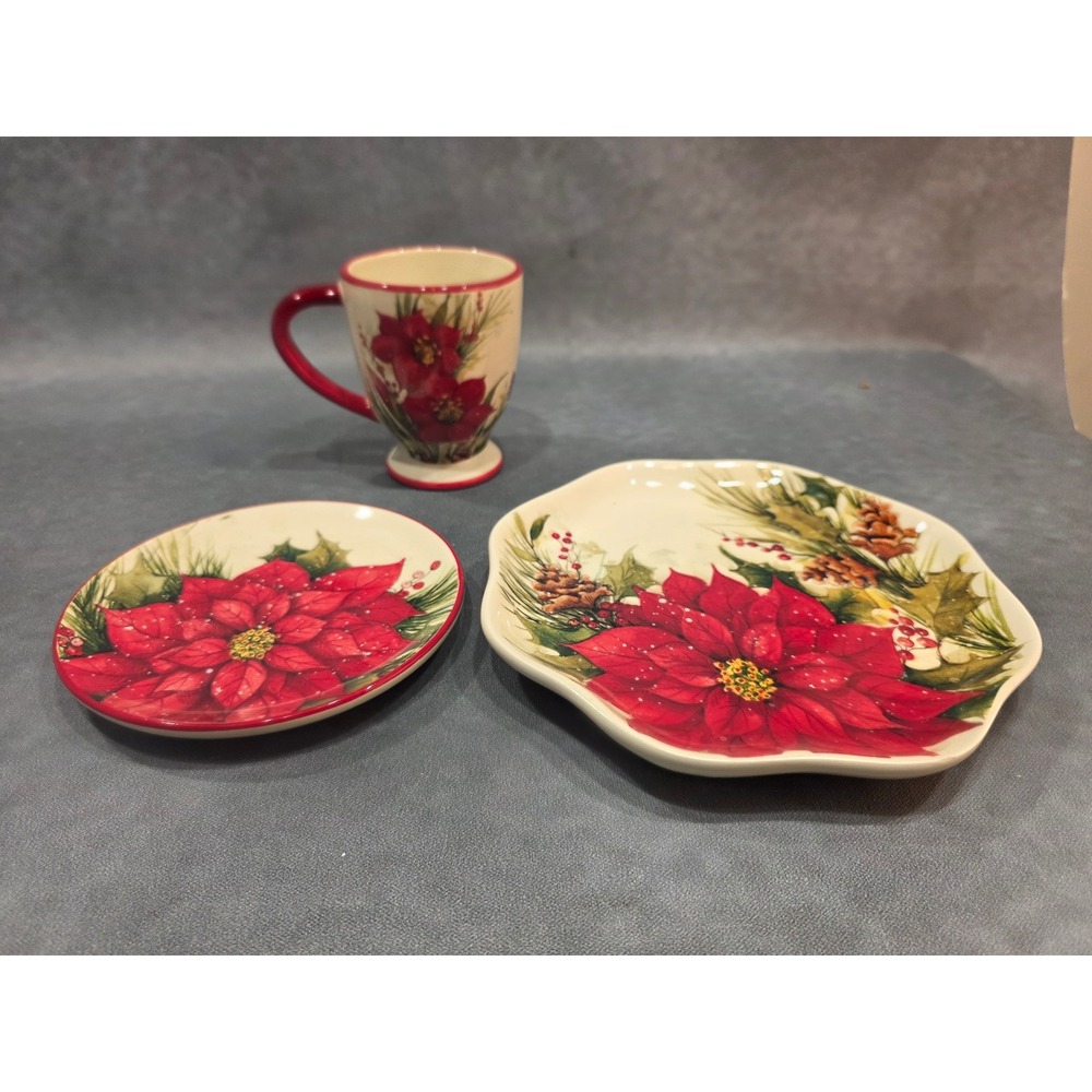 Cracker Barrel Christmas Poinsettia Mug and Plate Set 3pc Holiday Ceramic